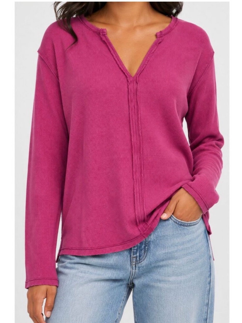 Pilcro Magenta V-Neck Waffle Knit Long Sleeve Top